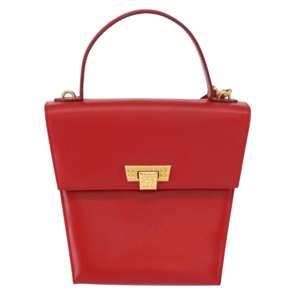 Christian Dior Hand Bag Leather 2way Red Gold Auth 152824