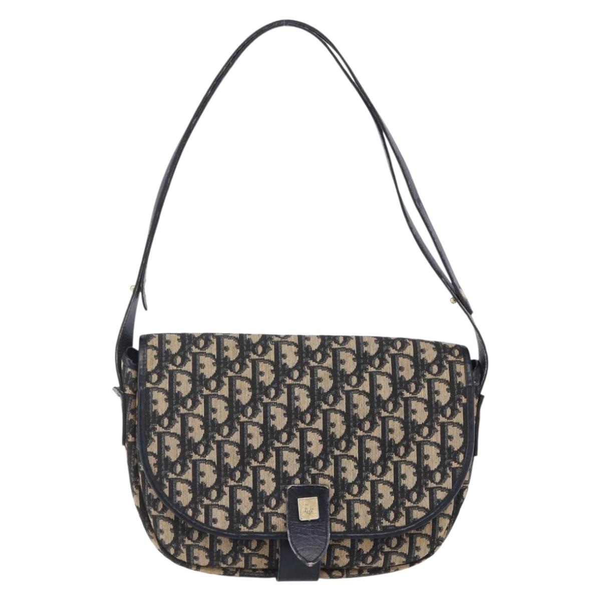 Christian Dior Trotter Canvas Shoulder Bag Navy Gold Auth 152835