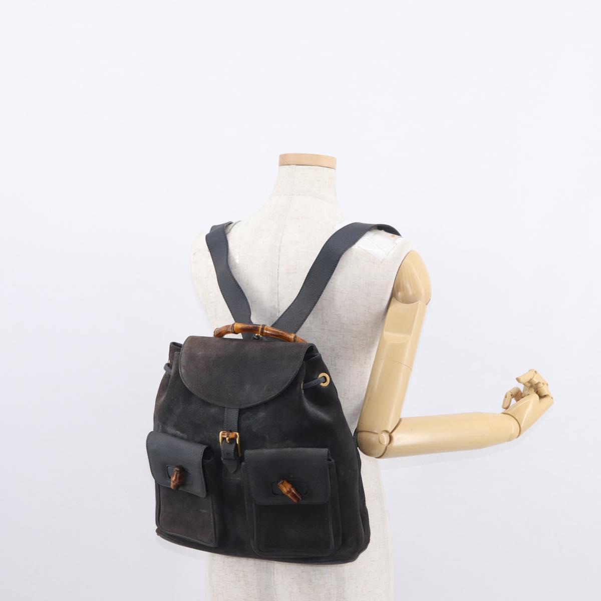 GUCCI Bamboo Backpack Suede Navy Gold 003 2058 0016 Auth 152850
