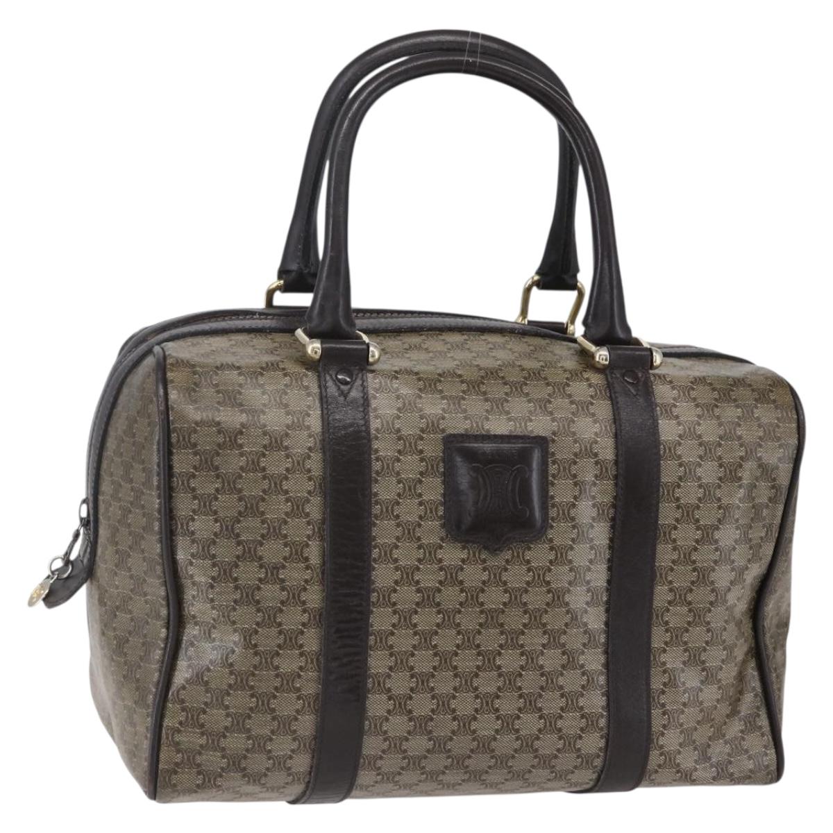 CELINE Macadam Canvas Hand Bag PVC Beige Dark Brown gold Auth 152874