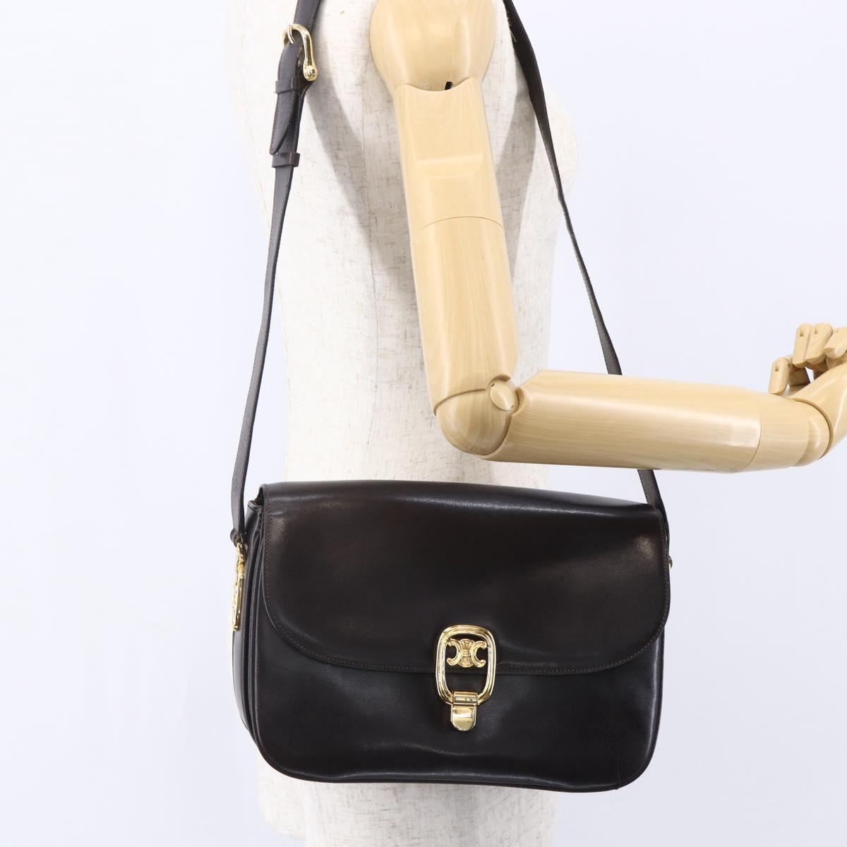 CELINE Shoulder Bag Leather Brown Gold Auth 152880