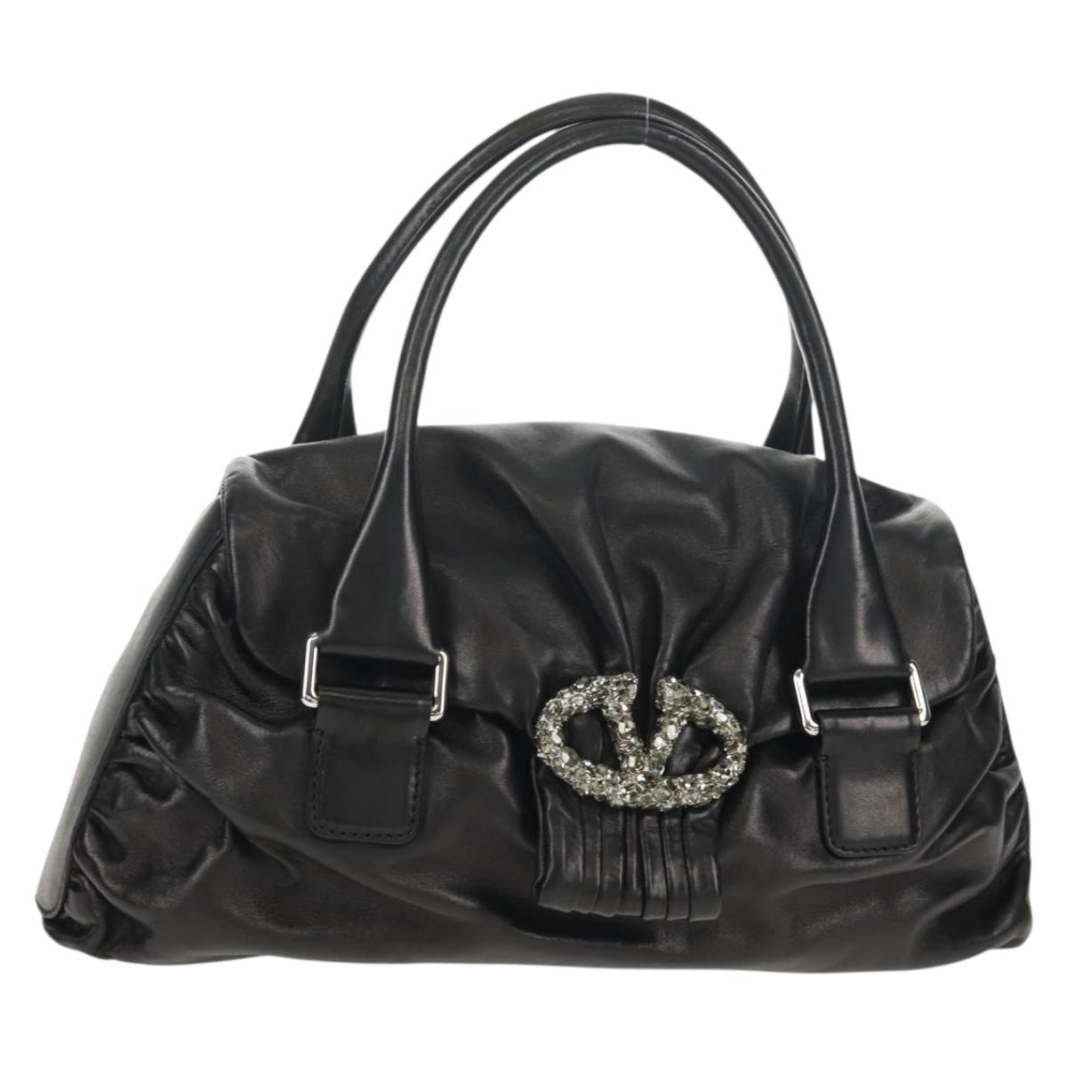 VALENTINO Hand Bag Leather Black Silver Auth 152881A