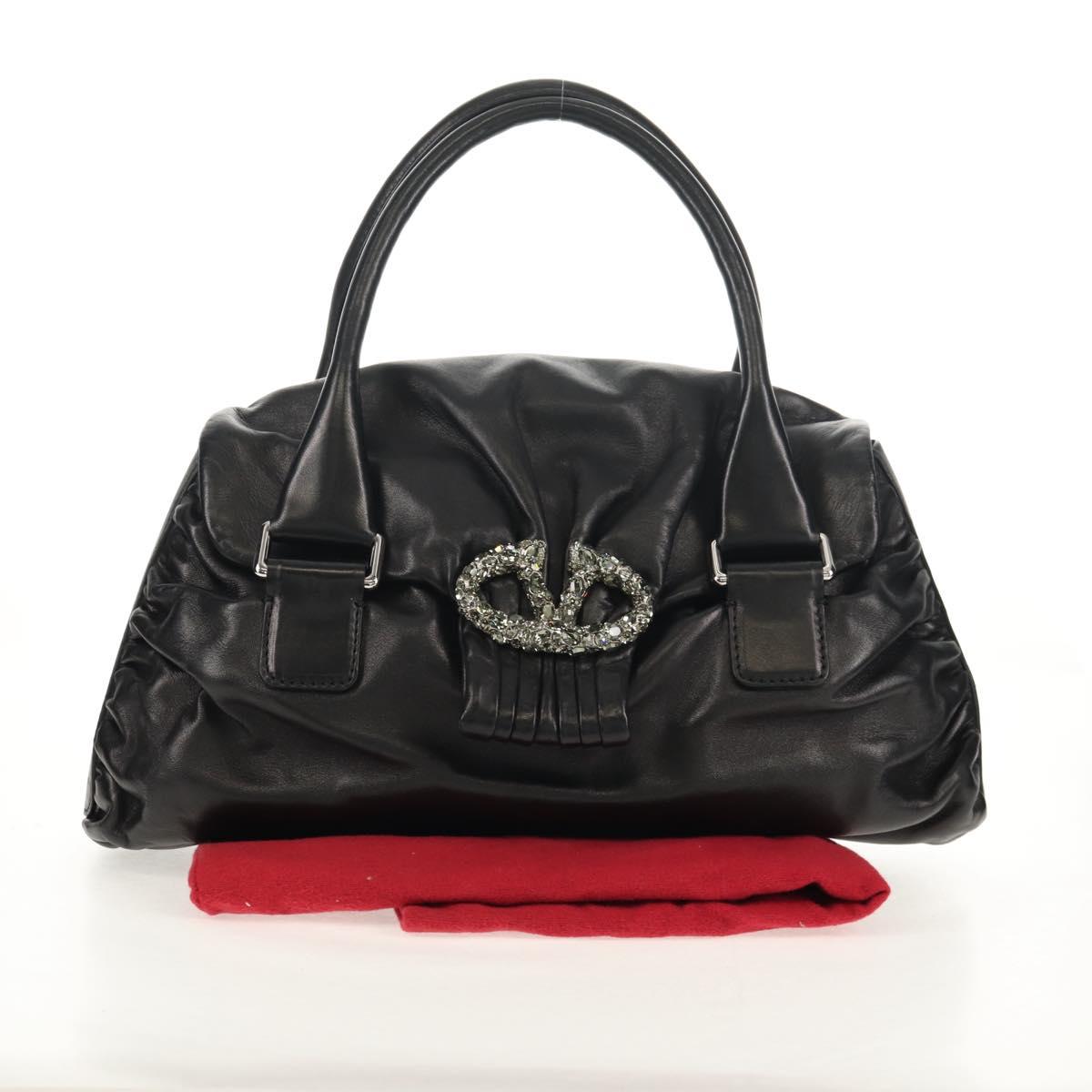 VALENTINO Hand Bag Leather Black Silver Auth 152881A