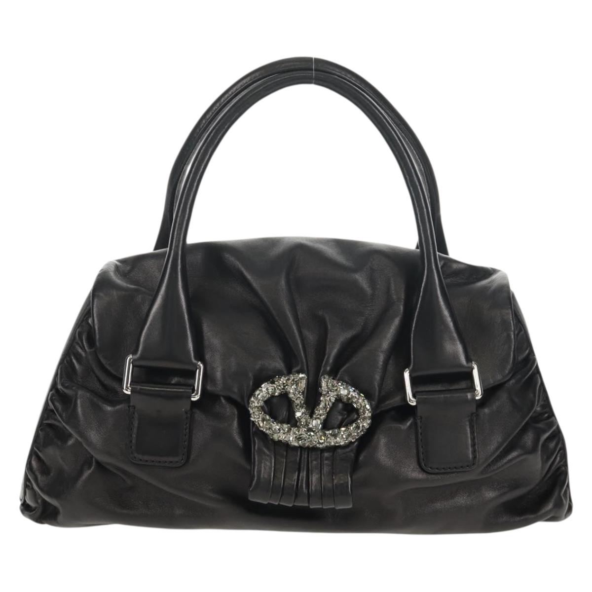 VALENTINO Hand Bag Leather Black Silver Auth 152881A