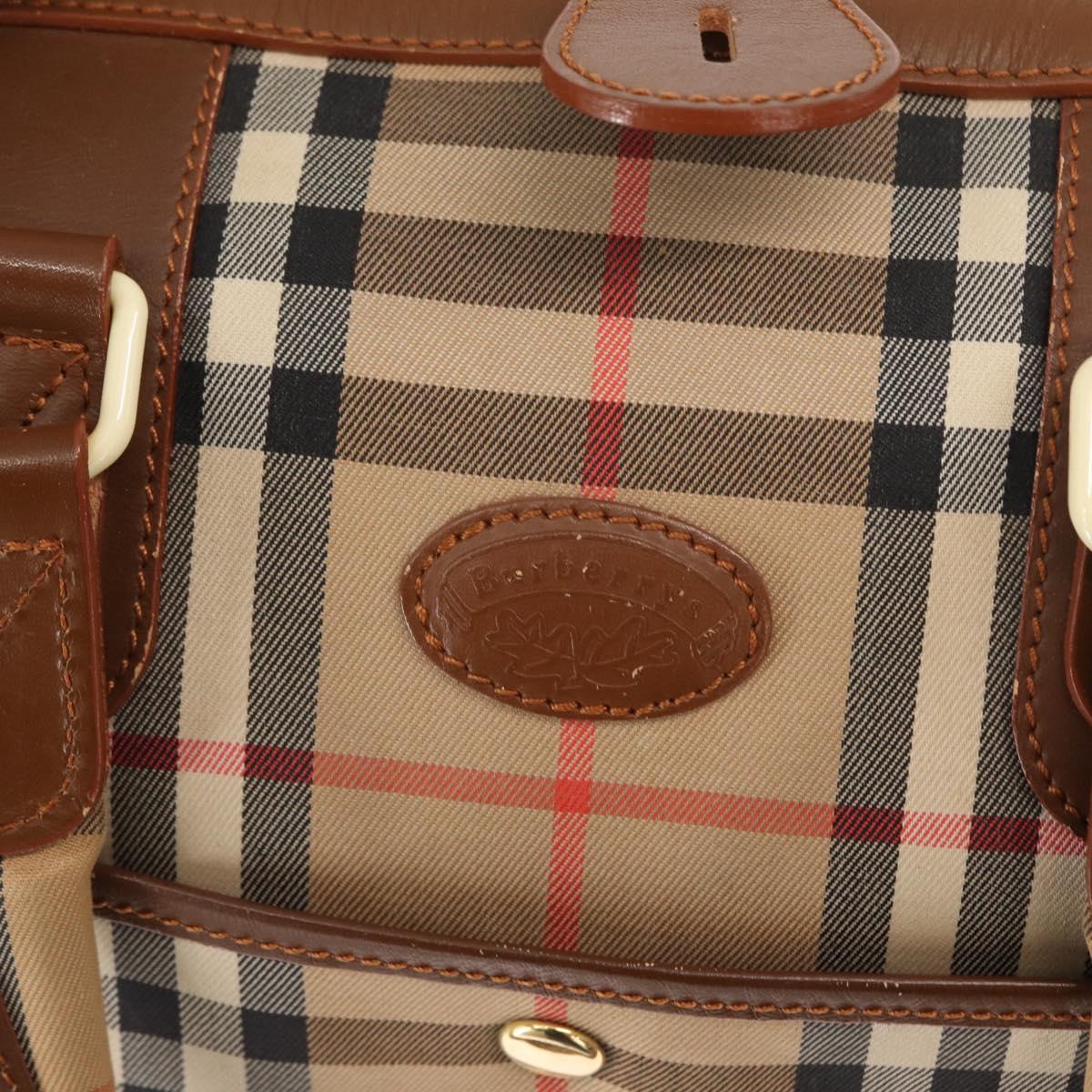 Burberrys Nova Check Boston Bag Canvas Leather Gold Beige Auth 152887