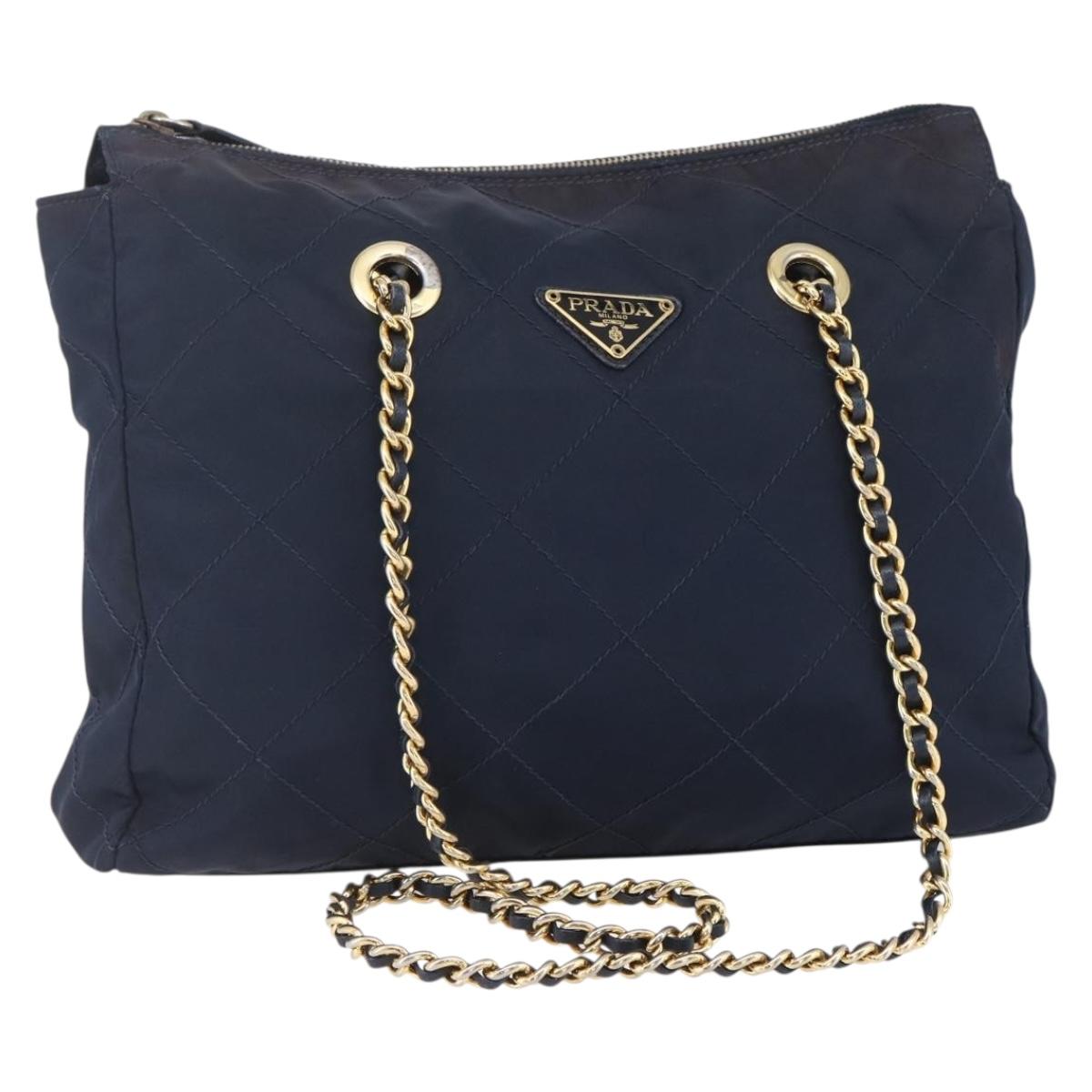 PRADA Chain Shoulder Bag Nylon Navy Gold Auth 152893