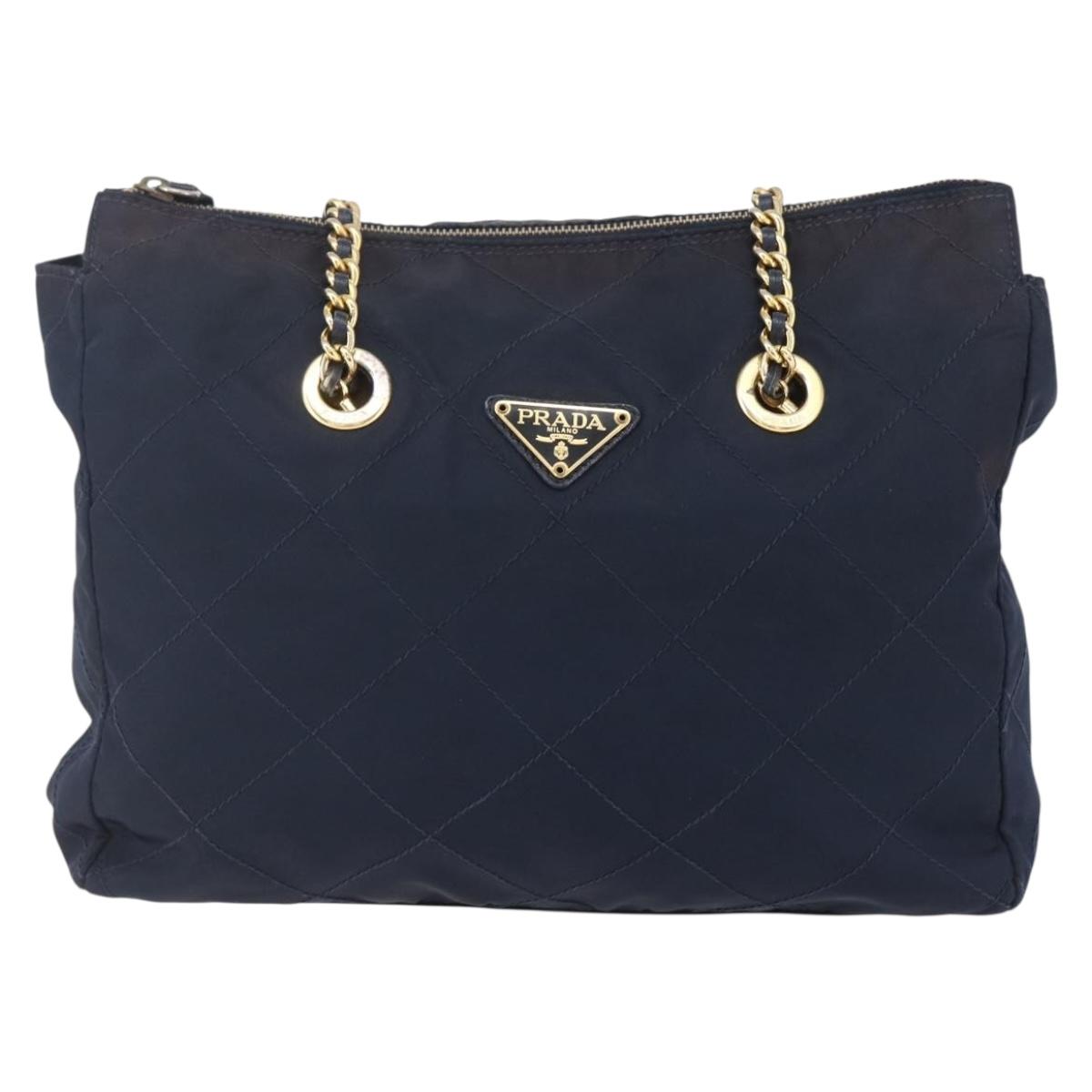 PRADA Chain Shoulder Bag Nylon Navy Gold Auth 152893