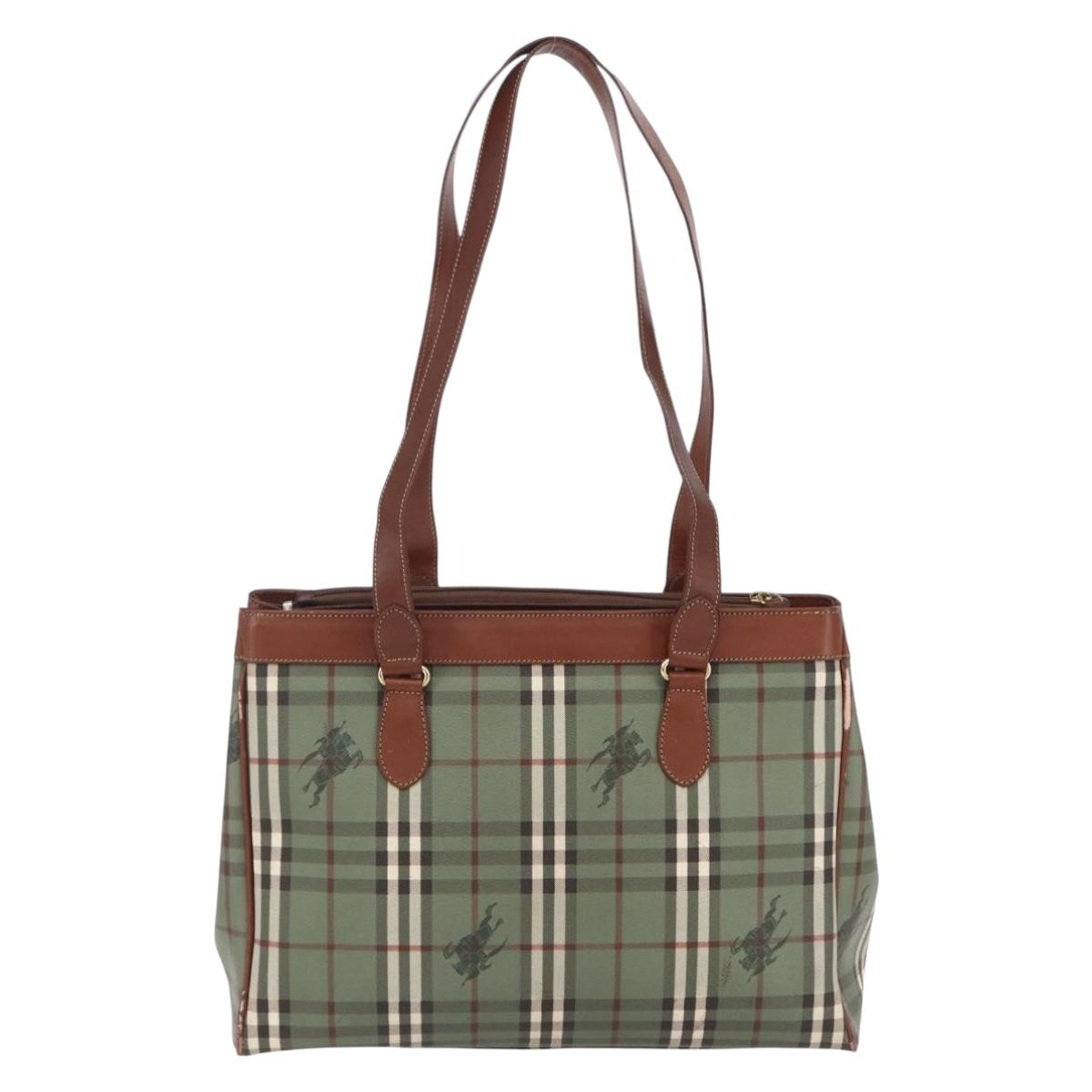 Burberrys Nova Check Tote Bag PVC Leather Green Gold Auth 152895