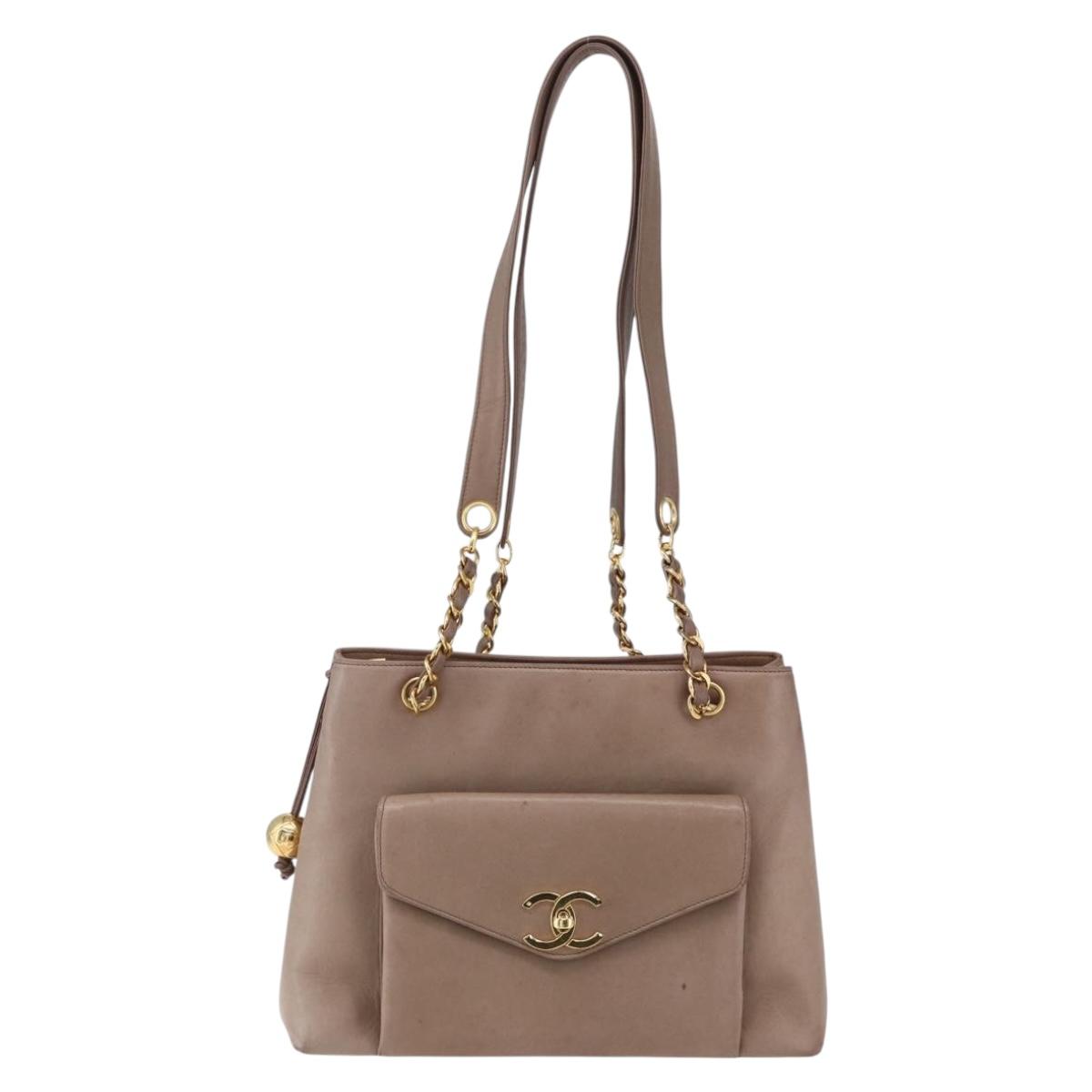 CHANEL Here Chain Shoulder Bag Lamb Skin Beige Gold CC Auth 152897A