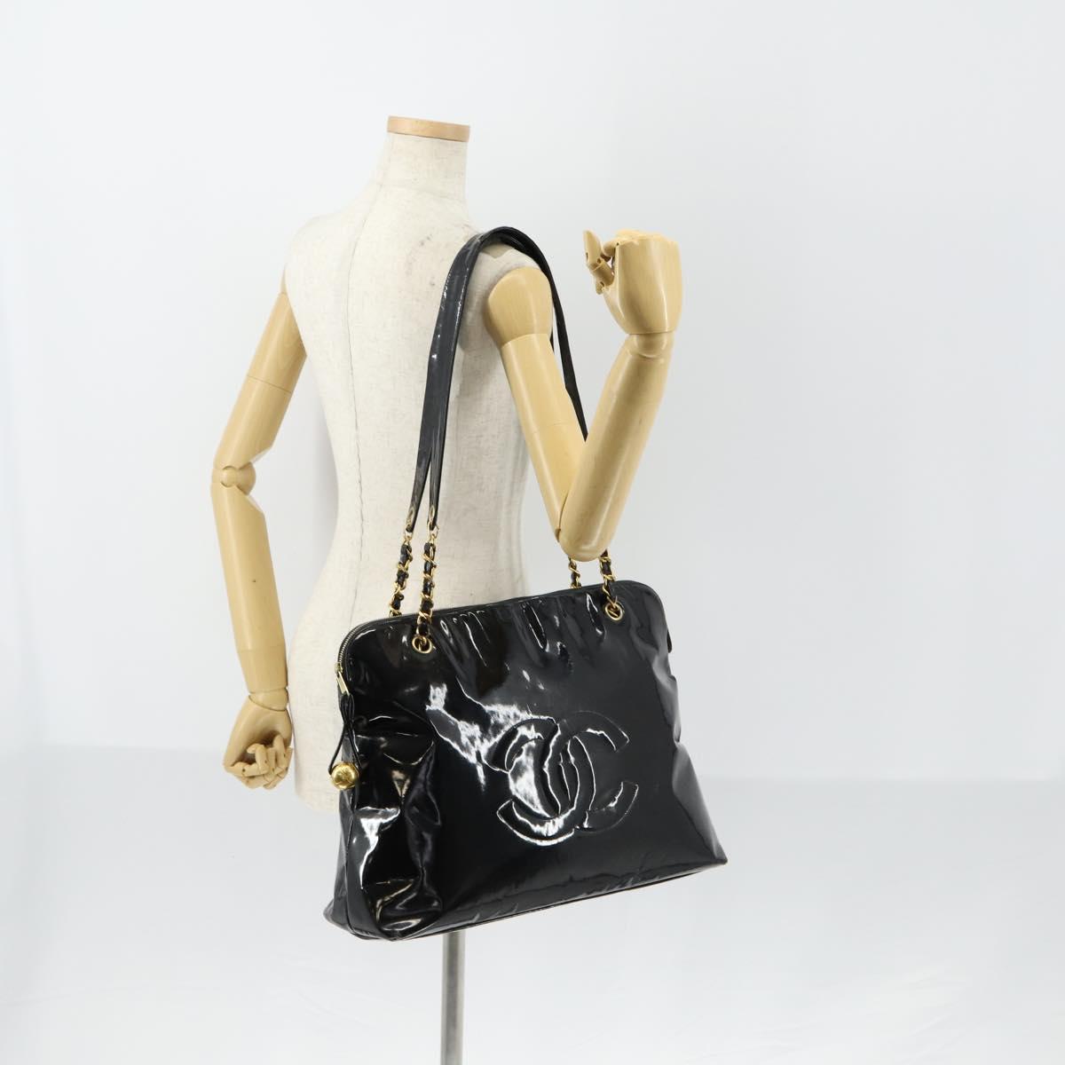 CHANEL COCO Mark Chain Shoulder Bag Patent leather Black Gold CC Auth 152898