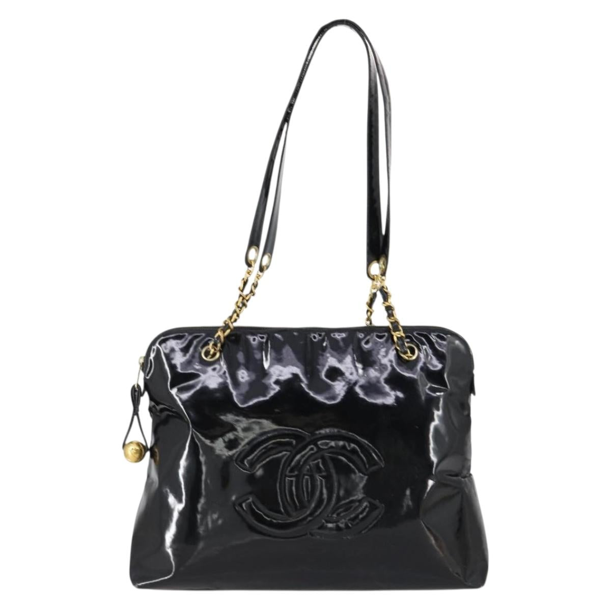 CHANEL COCO Mark Chain Shoulder Bag Patent leather Black Gold CC Auth 152898