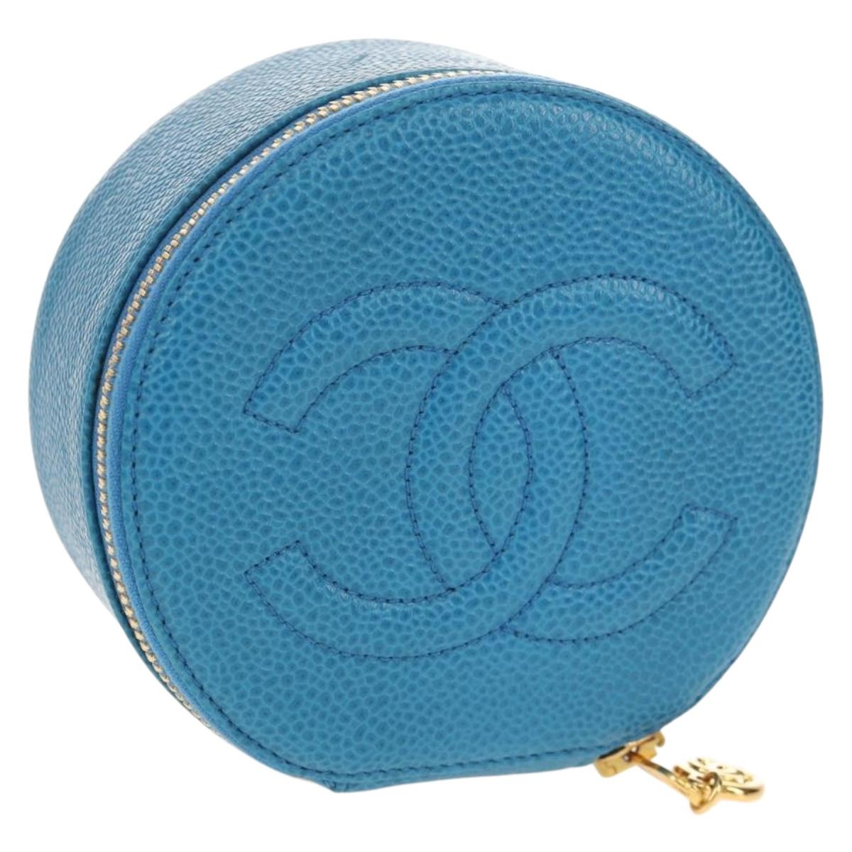 CHANEL COCO Mark Jewelry case Jewelry Box Caviar Skin Blue Gold CC Auth 152911V
