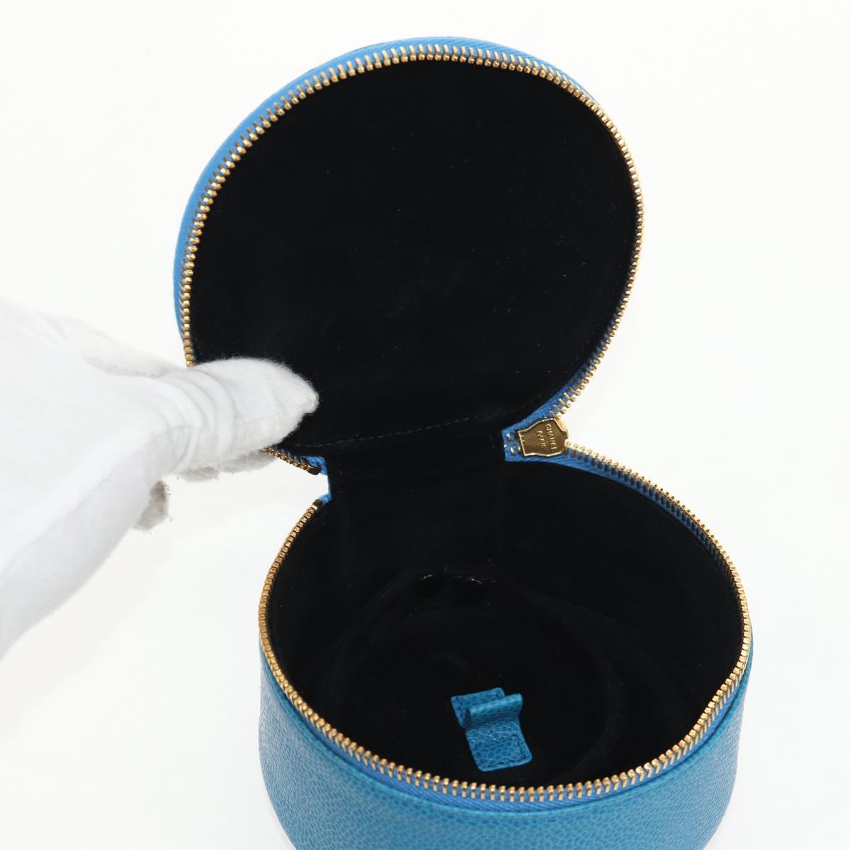 CHANEL COCO Mark Jewelry case Jewelry Box Caviar Skin Blue Gold CC Auth 152911V