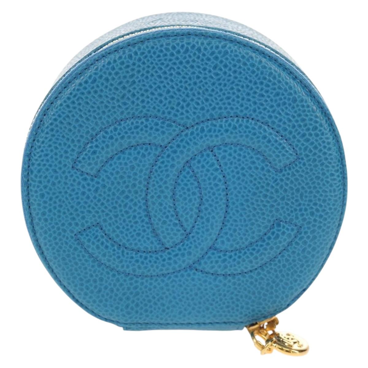 CHANEL COCO Mark Jewelry case Jewelry Box Caviar Skin Blue Gold CC Auth 152911V