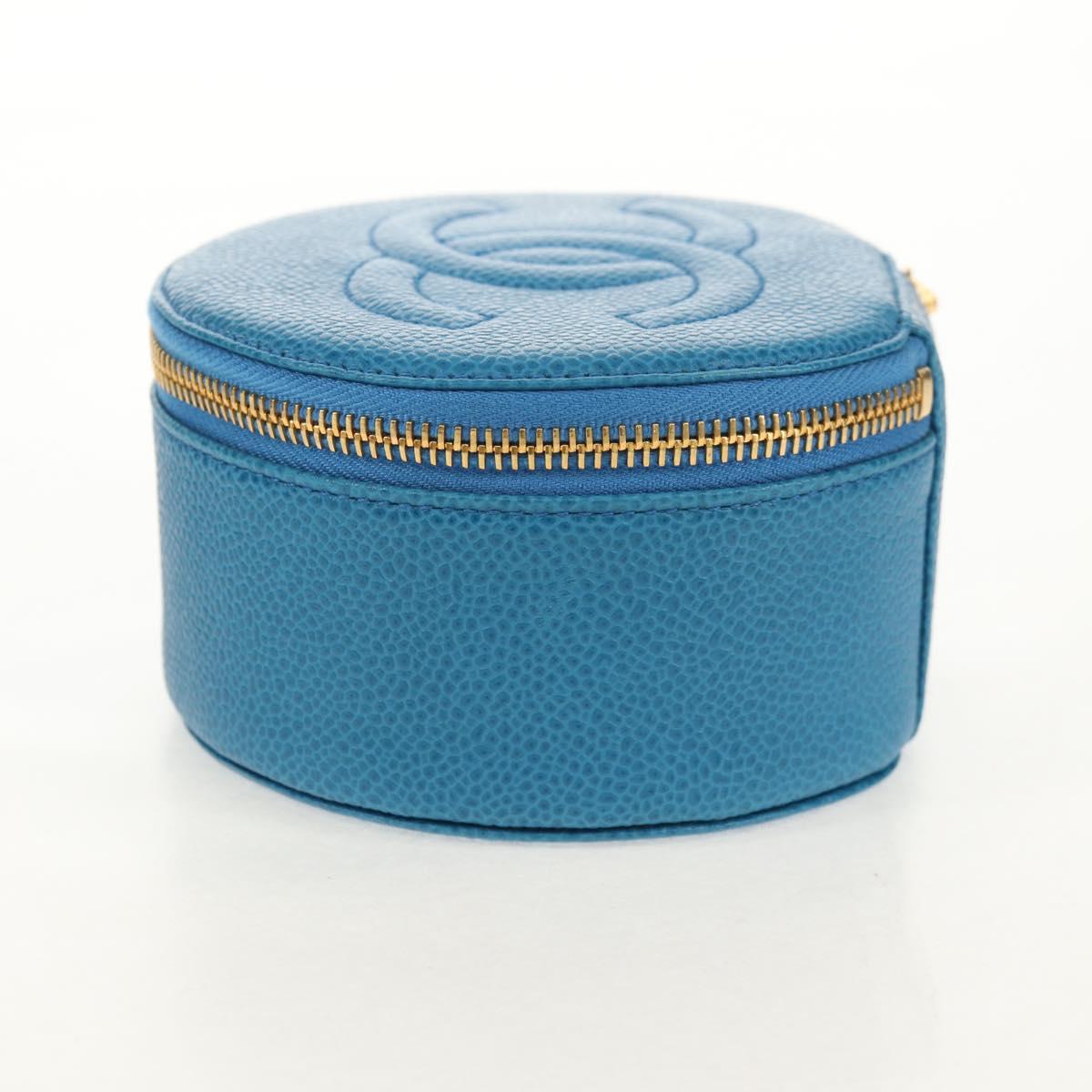 CHANEL COCO Mark Jewelry case Jewelry Box Caviar Skin Blue Gold CC Auth 152911V