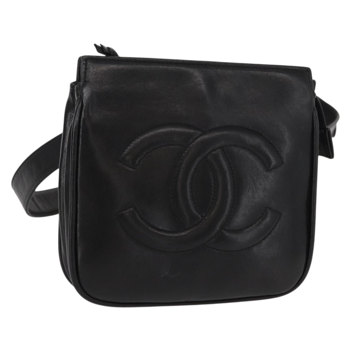 CHANEL COCO Mark Matelasse Waist Bag Leather Black Gold CC Auth 152921