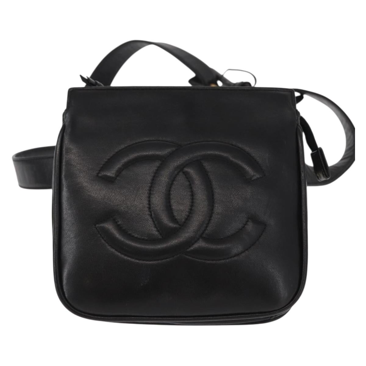 CHANEL COCO Mark Matelasse Waist Bag Leather Black Gold CC Auth 152921