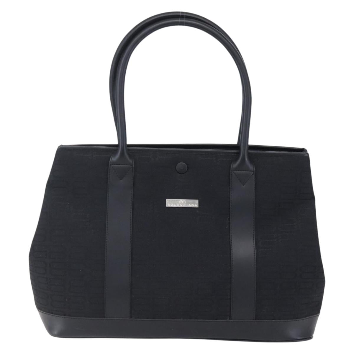 BALENCIAGA Tote Bag Canvas Leather Black Silver Auth 152929