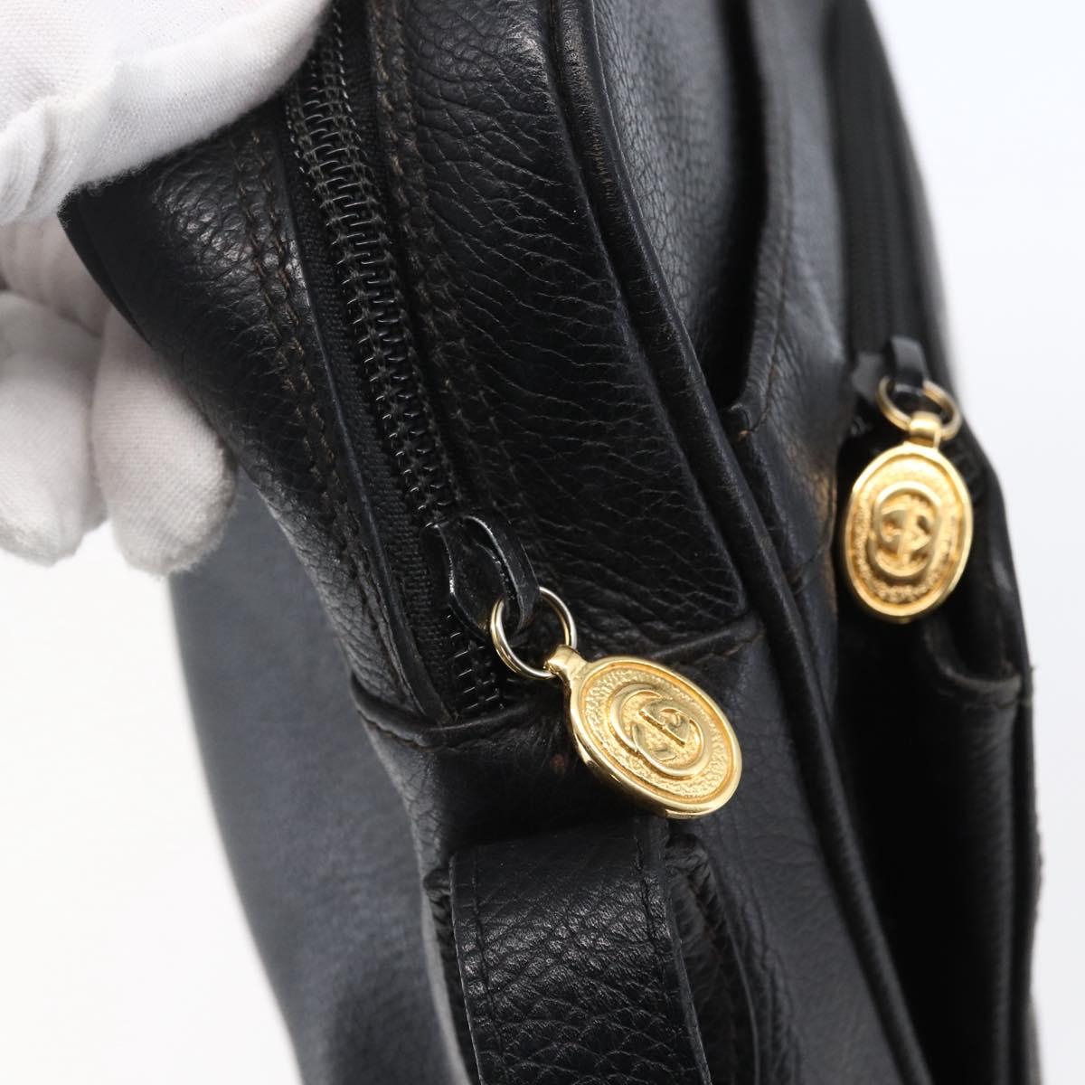 GUCCI Shoulder Bag Leather Black Gold Auth 152934