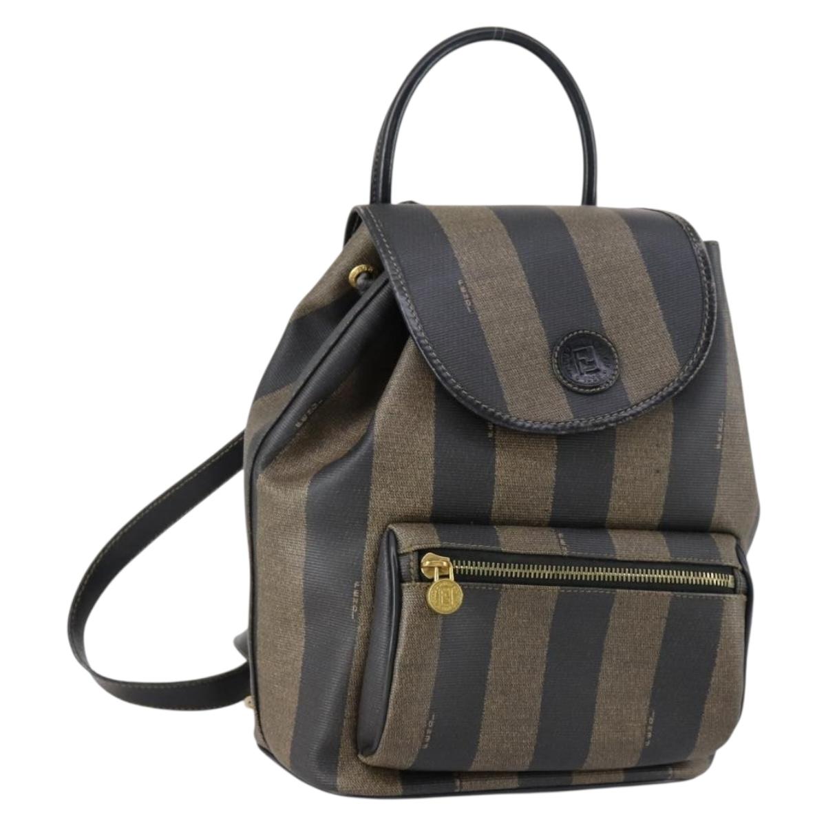 FENDI Pecan Canvas Backpack PVC Brown Black gold Auth 152942