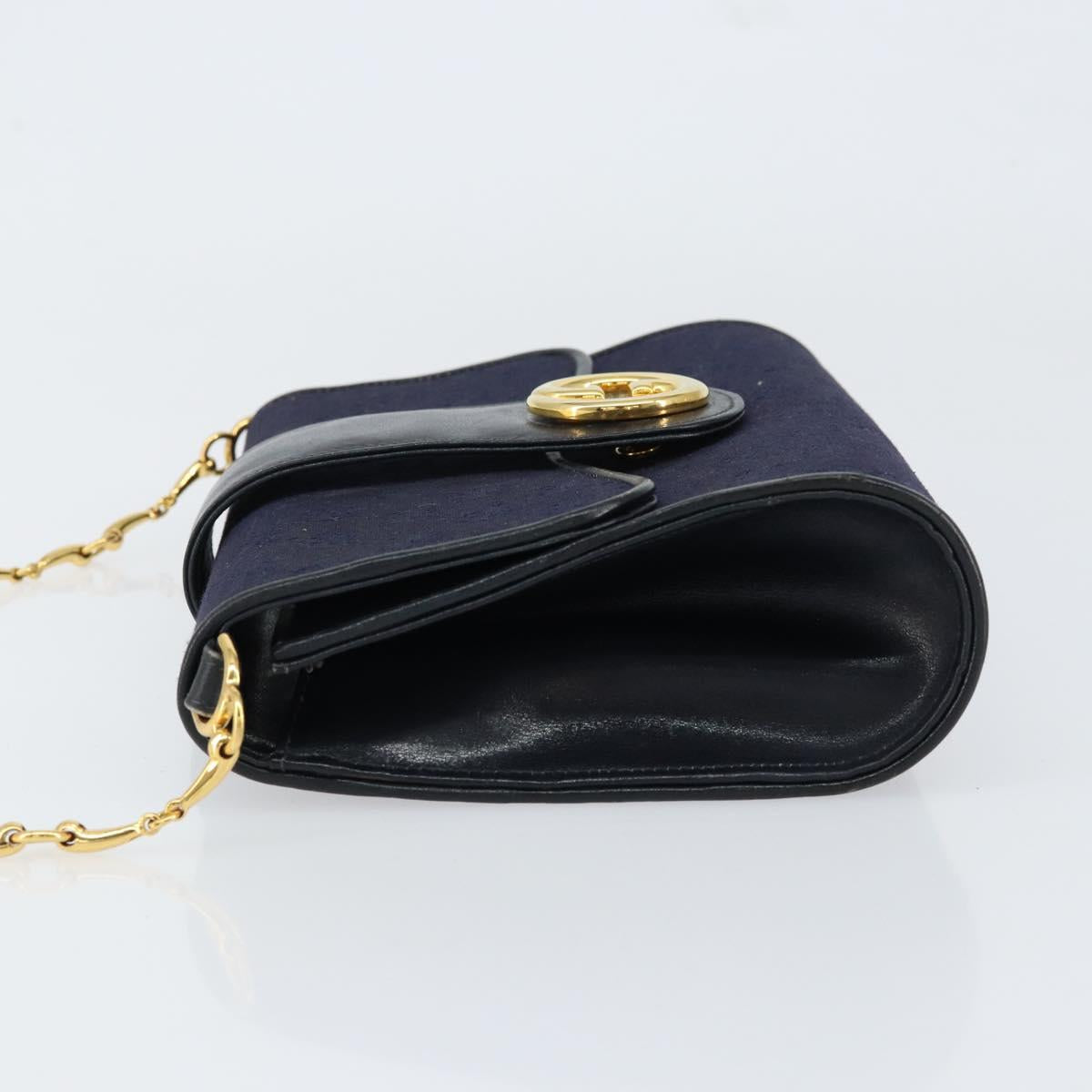 GUCCI GG Canvas Horsebit Chain Shoulder Bag PVC Navy Gold Auth 152956