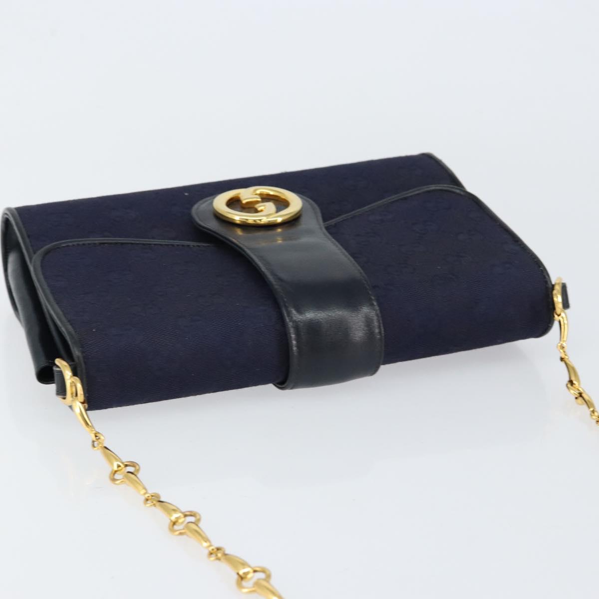 GUCCI GG Canvas Horsebit Chain Shoulder Bag PVC Navy Gold Auth 152956