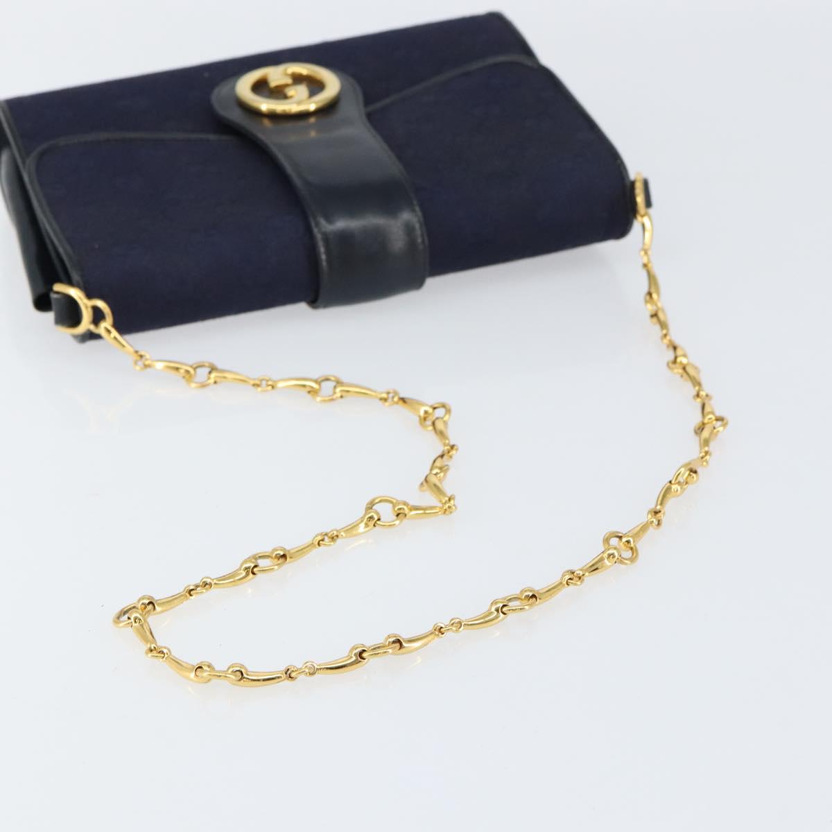GUCCI GG Canvas Horsebit Chain Shoulder Bag PVC Navy Gold Auth 152956