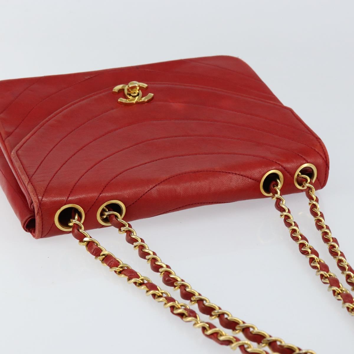 CHANEL Wave Line Chain Shoulder Bag Lamb Skin Red Gold CC Auth 152957