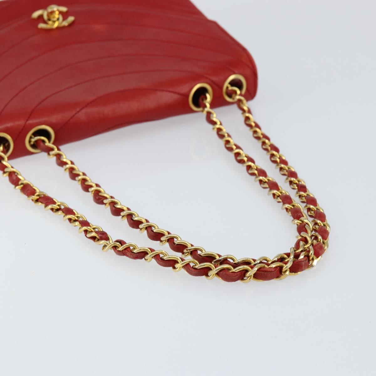 CHANEL Wave Line Chain Shoulder Bag Lamb Skin Red Gold CC Auth 152957