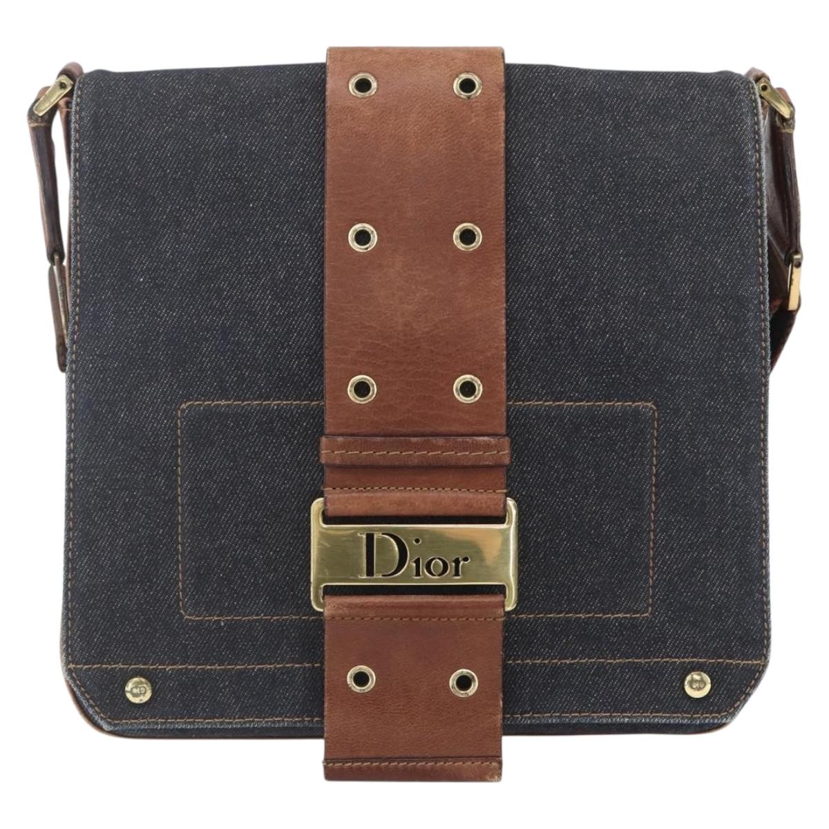 Christian Dior Street Chic Shoulder Bag Denim Leather Navy gold Auth 152959