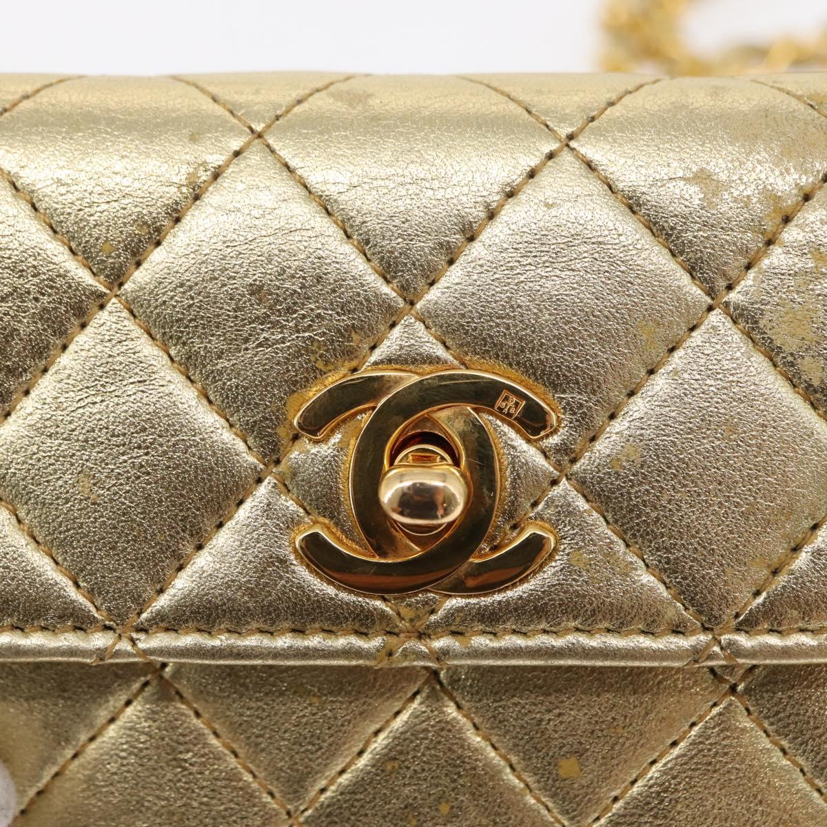 CHANEL Mini Matelasse Chain Shoulder Bag Lamb Skin Gold CC Auth 152962