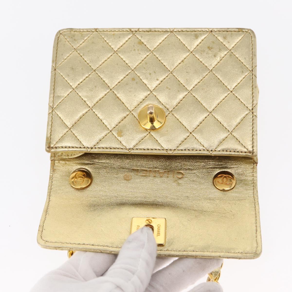 CHANEL Mini Matelasse Chain Shoulder Bag Lamb Skin Gold CC Auth 152962