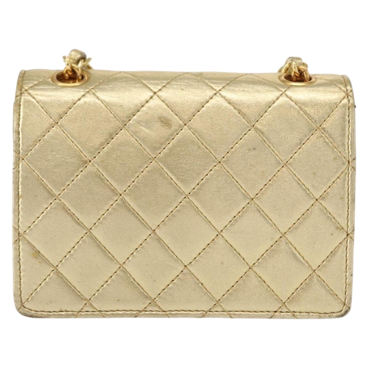 CHANEL Mini Matelasse Chain Shoulder Bag Lamb Skin Gold CC Auth 152962