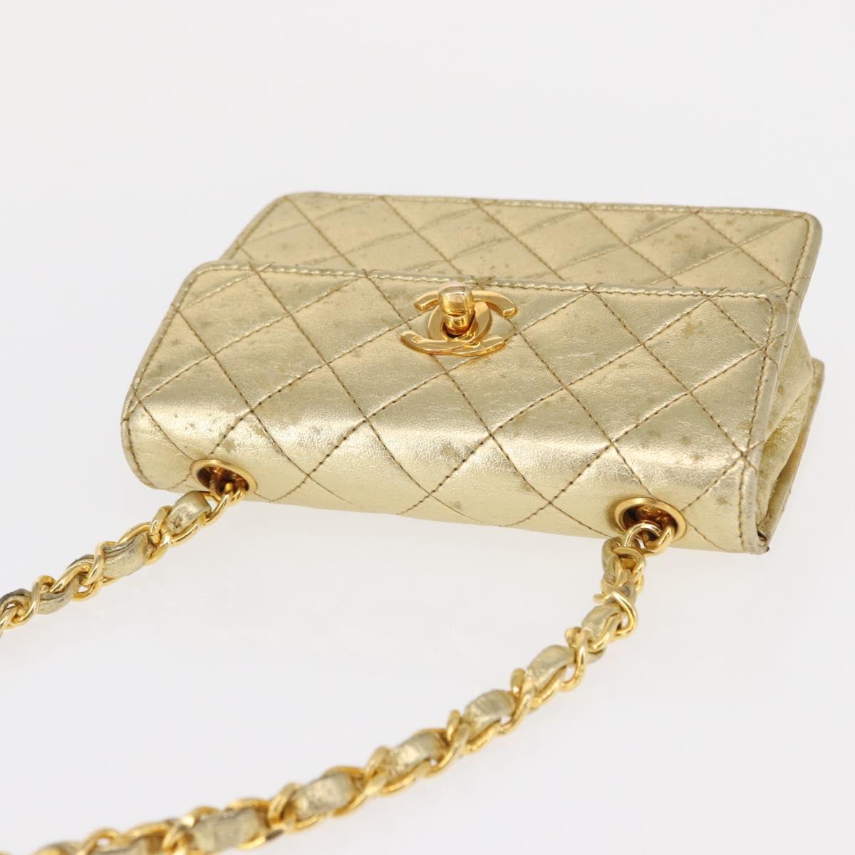 CHANEL Mini Matelasse Chain Shoulder Bag Lamb Skin Gold CC Auth 152962