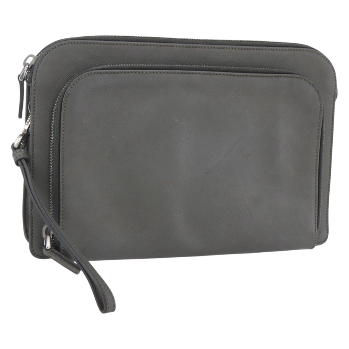 PRADA Clutch Bag Safiano Leather Gray Silver Auth 152965