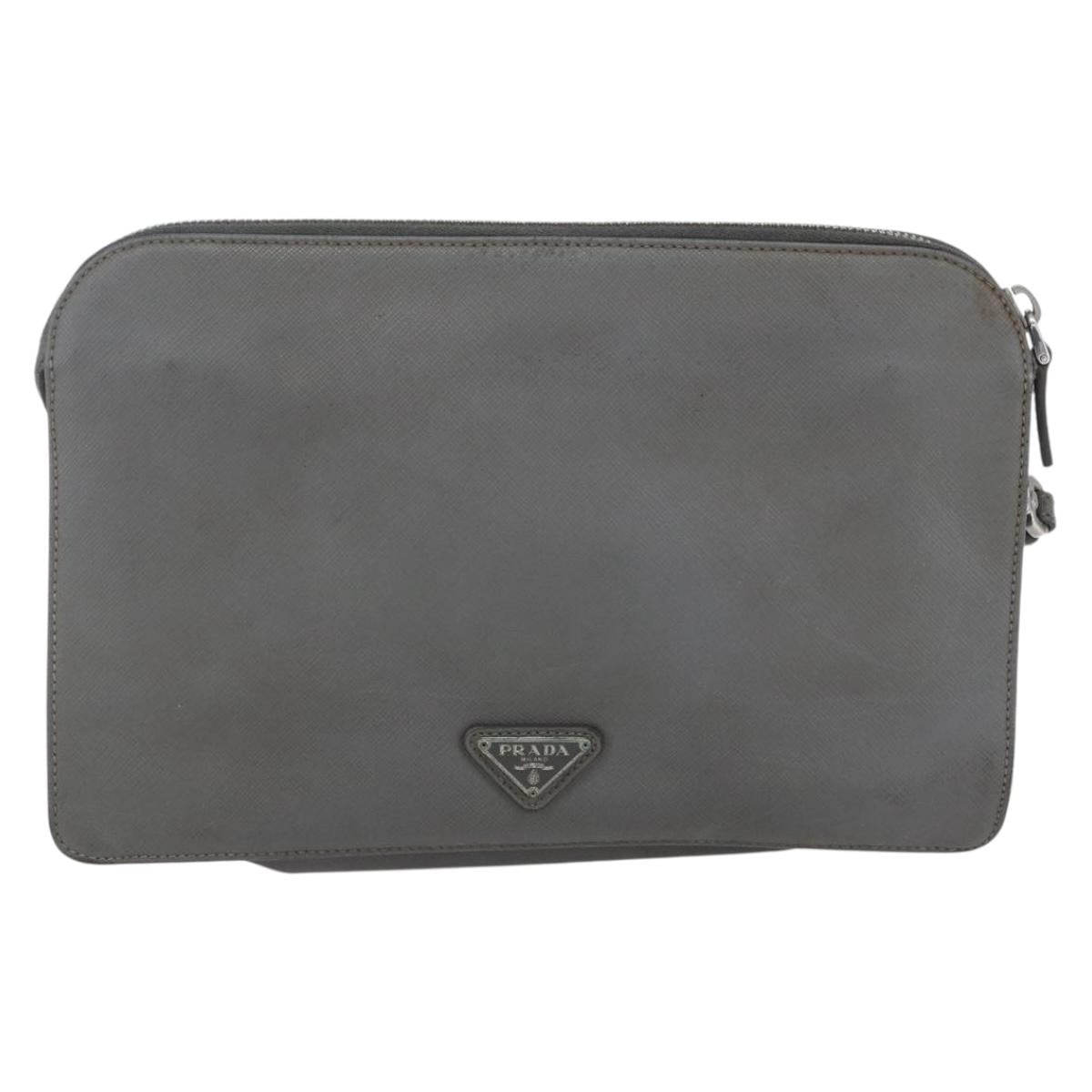 PRADA Clutch Bag Safiano Leather Gray Silver Auth 152965