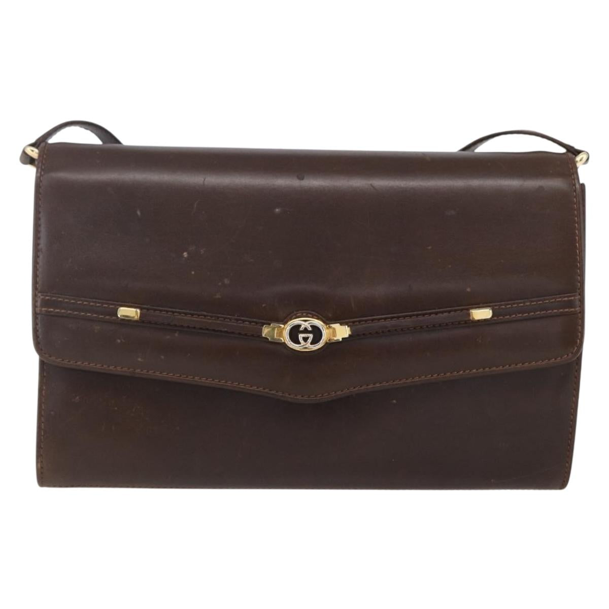 GUCCI Shoulder Bag Leather Brown Gold Auth 152976