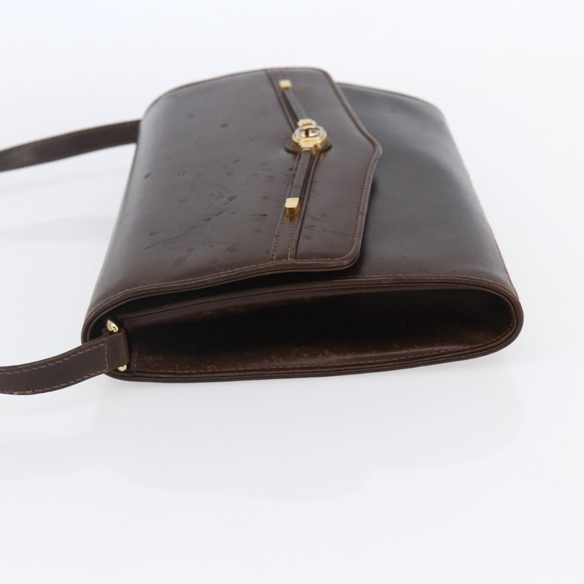 GUCCI Shoulder Bag Leather Brown Gold Auth 152976