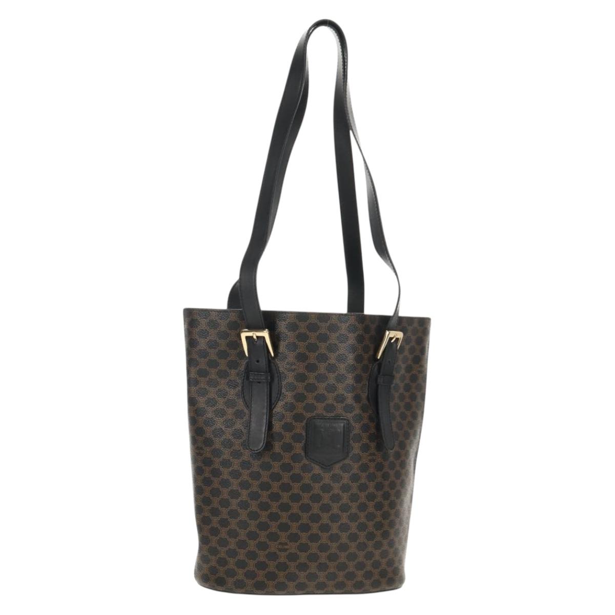 CELINE Macadam Canvas Tote Bag PVC Leather Black Gold Auth 153009V