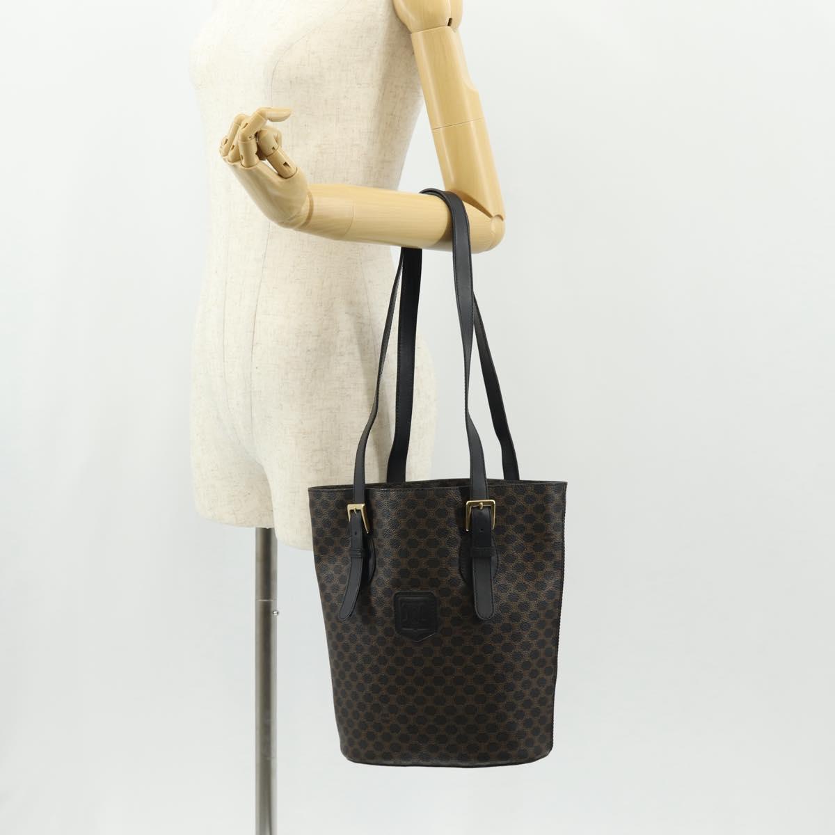 CELINE Macadam Canvas Tote Bag PVC Leather Black Gold Auth 153009V