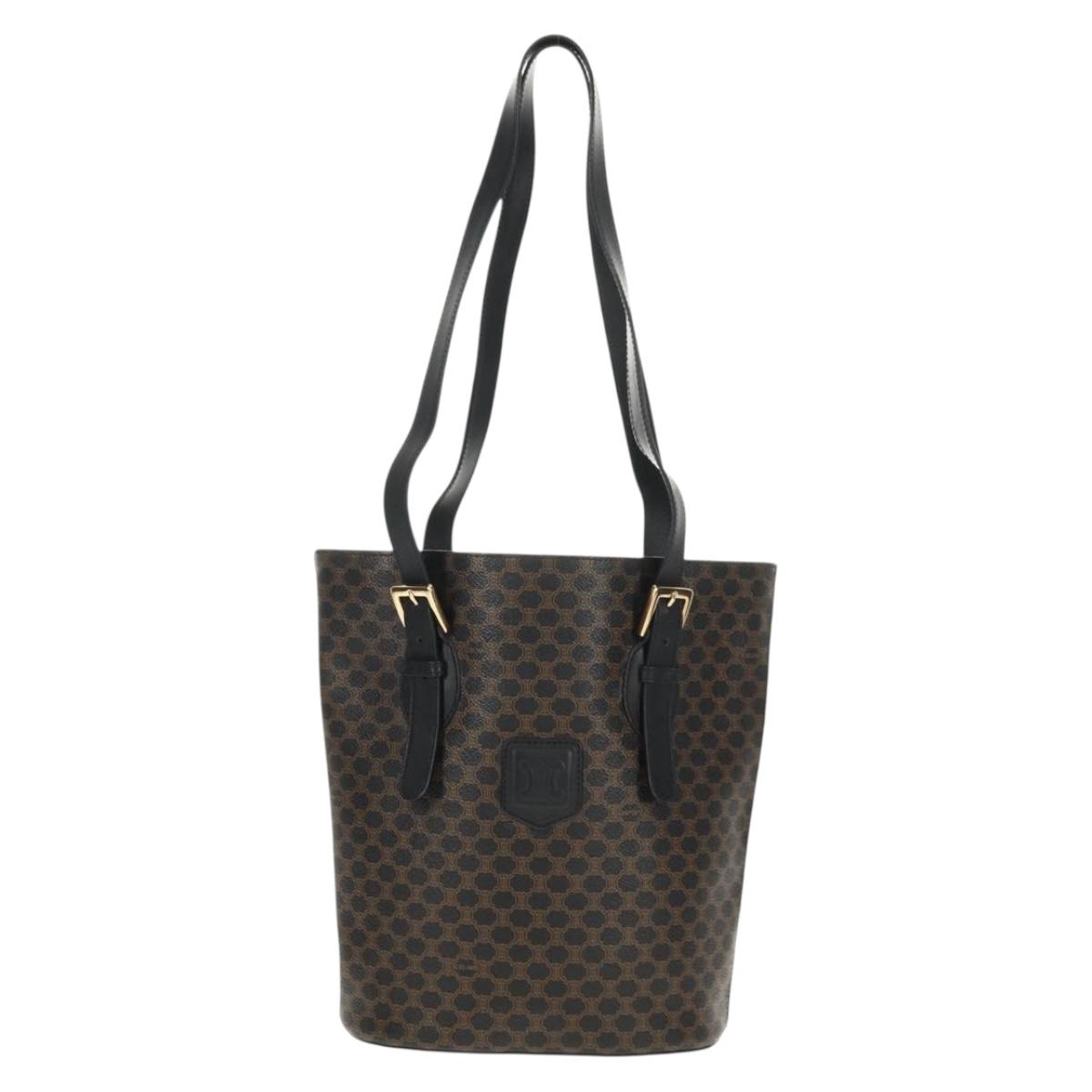 CELINE Macadam Canvas Tote Bag PVC Leather Black Gold Auth 153009V