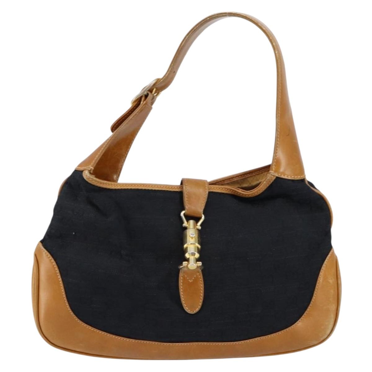GUCCI GG Canvas Jackie Shoulder Bag Black Gold Auth 153012