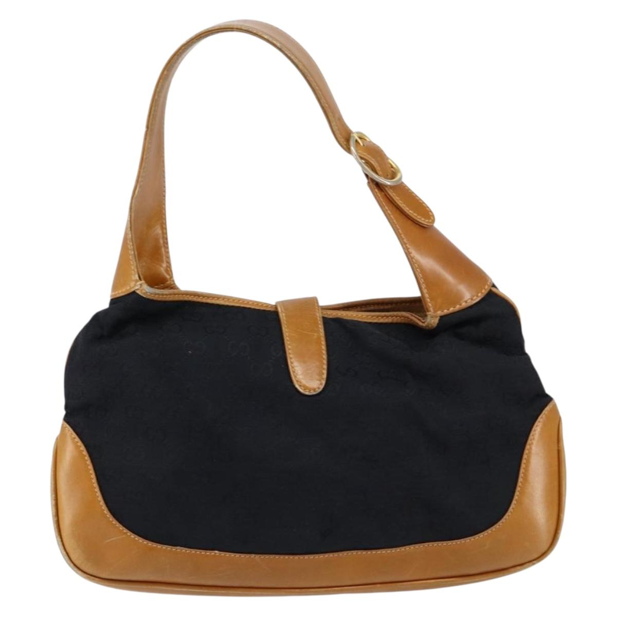 GUCCI GG Canvas Jackie Shoulder Bag Black Gold Auth 153012