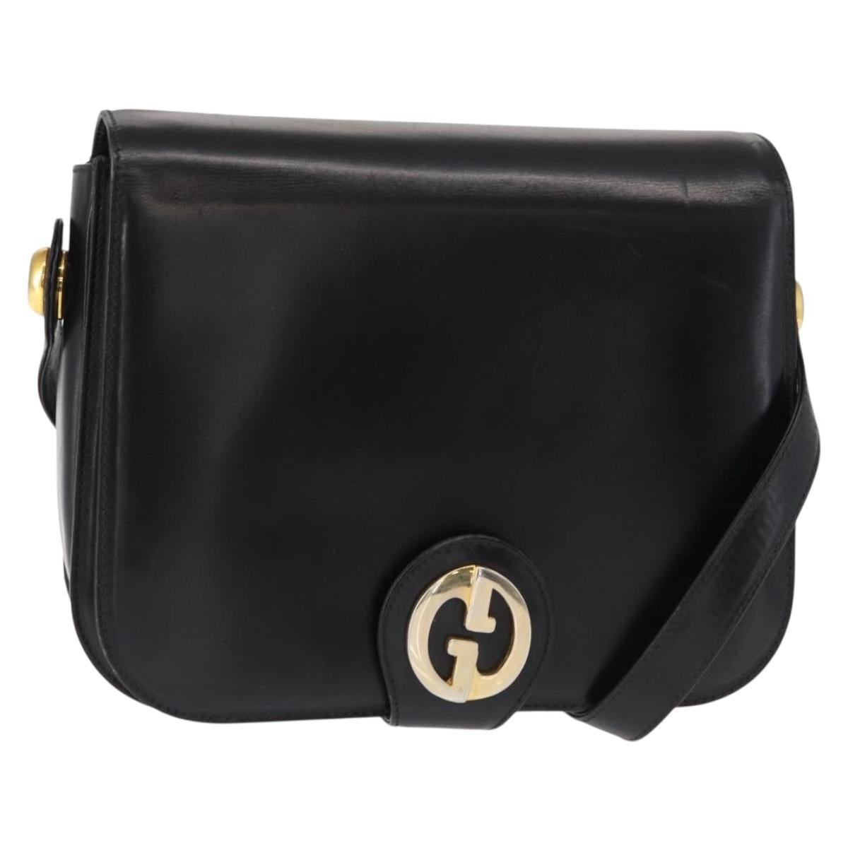 GUCCI Shoulder Bag Leather Black Gold Auth 153040