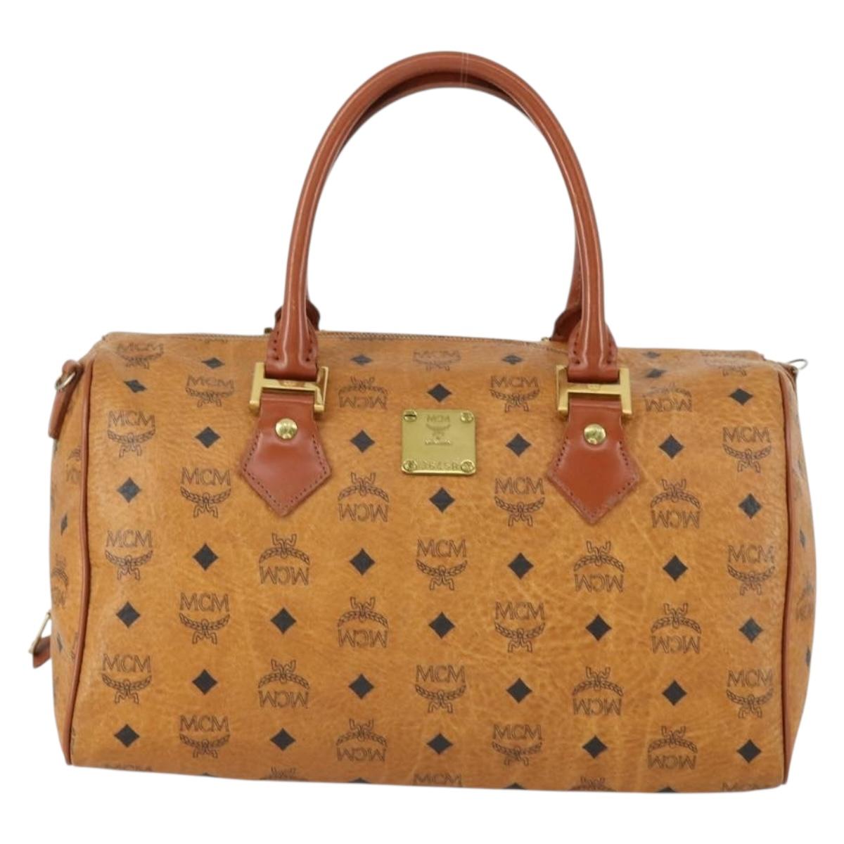 MCM Logogram Vicetos Boston Bag PVC Leather Brown Gold Auth 153049