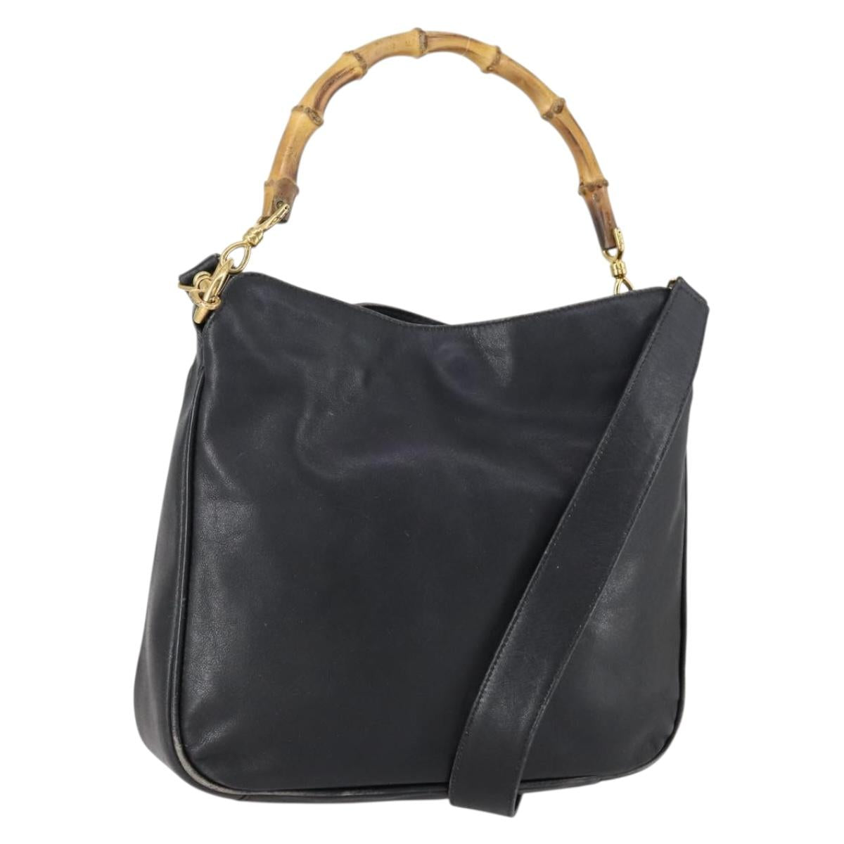 GUCCI Bamboo Shoulder Bag Leather 2way Black Gold 001 1638 Auth 153053