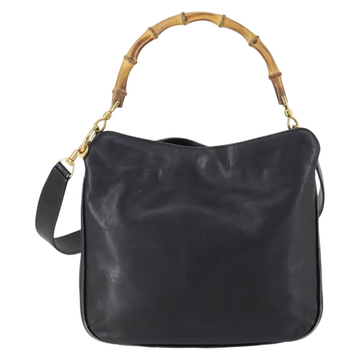 GUCCI Bamboo Shoulder Bag Leather 2way Black Gold 001 1638 Auth 153053