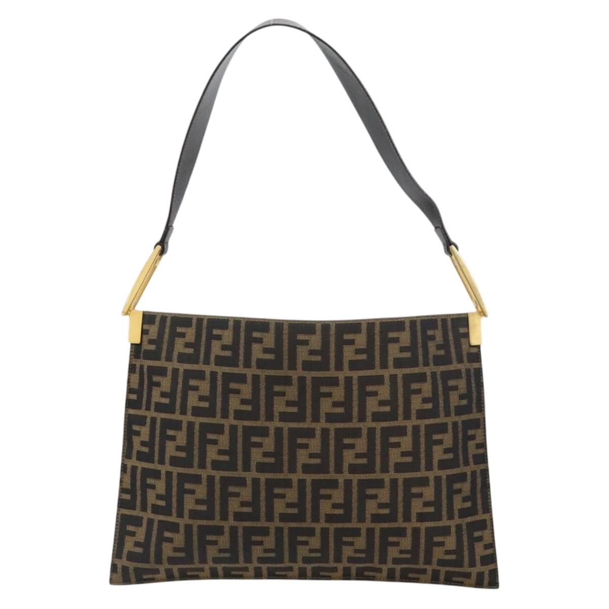 FENDI Zucca Canvas Shoulder Bag Black Brown gold Auth 153056