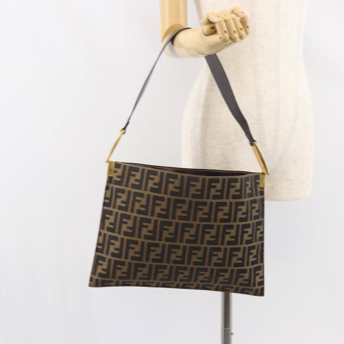FENDI Zucca Canvas Shoulder Bag Black Brown gold Auth 153056