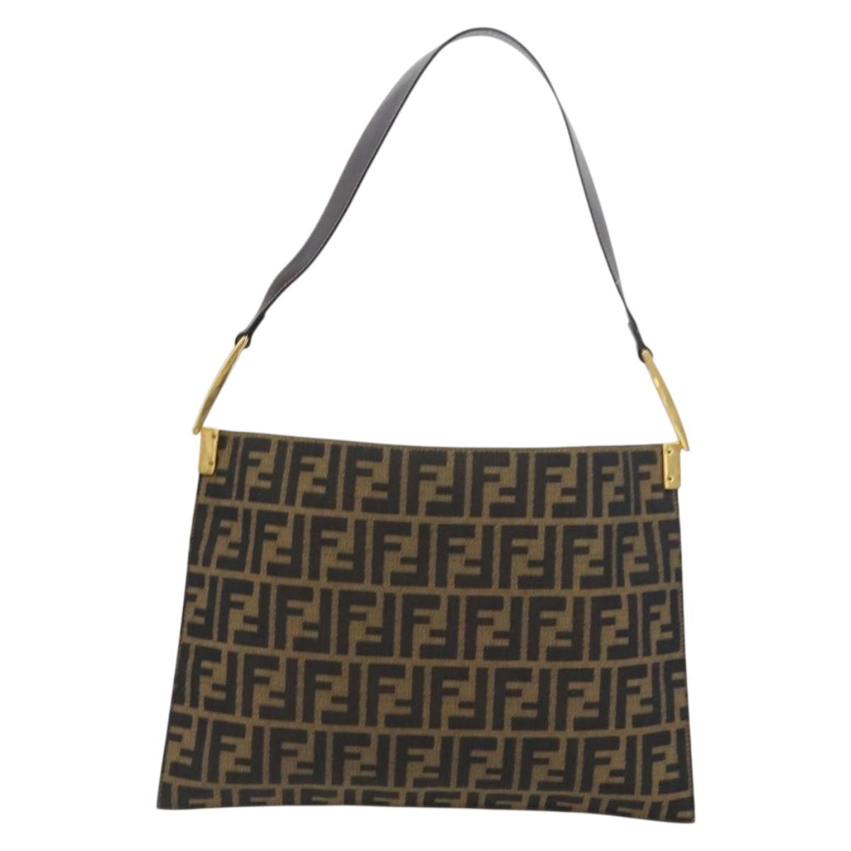 FENDI Zucca Canvas Shoulder Bag Black Brown gold Auth 153056